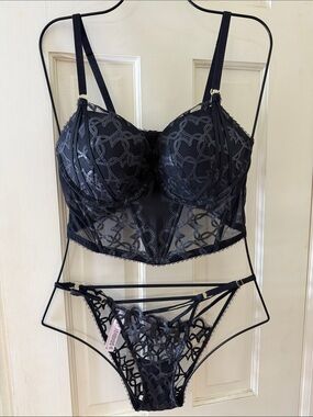 Sheer Black Lace Bustier Set with Matching Strappy Panty